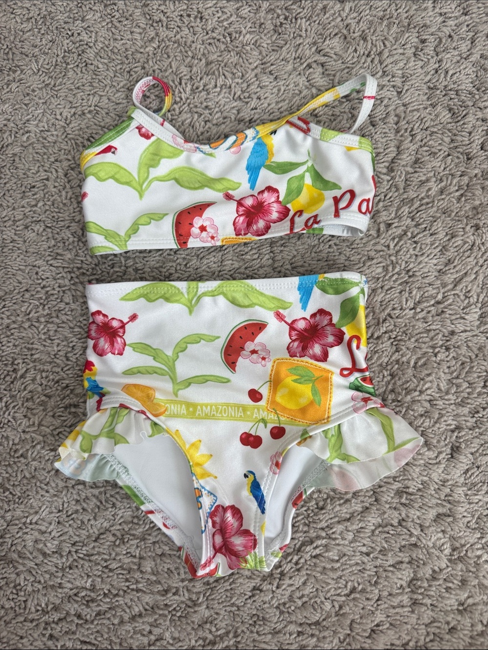 White Tropical Print Girls Two-Piece Swim Bikini with Ruffle Bottoms